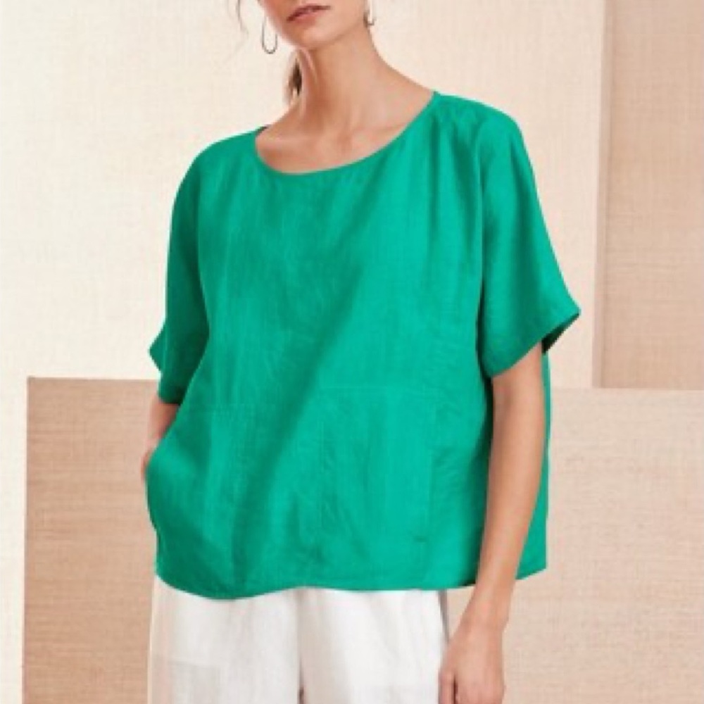 Eileen Fisher Delave Linen Top Large Green Boxy Relaxed Lagenlook Minimalist - Picture 3 of 12
